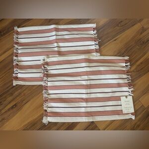 New set of 4 Threshold placemats stripes fringe cream coral maroon 14”x19”